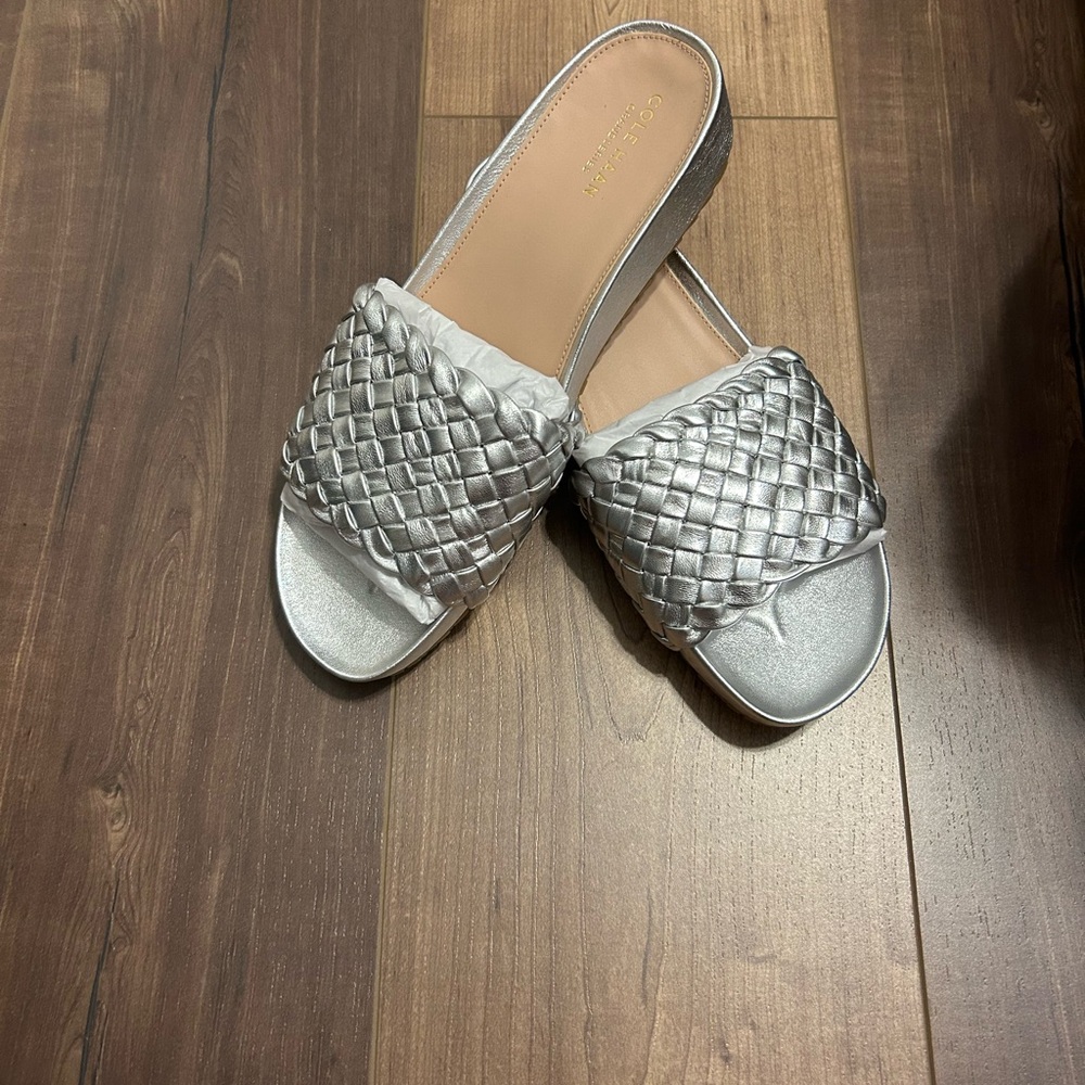 Brand new, Cole Haan slides, metallic silver